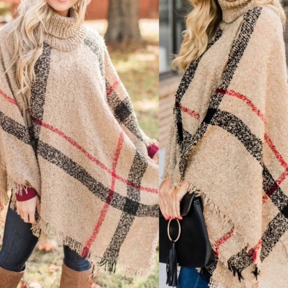 LAST ONE☝️PLAID FRAYED HEM PONCHO-KHAKI - Picture 4 of 5